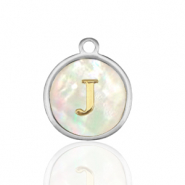 Ciondoli in acciaio inossidabile 12mm conchiglia lettera J bianco (colore naturale)-argento