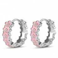 Metallo TQ in ottone orecchini a cerchio smalto fiore argento-rosa