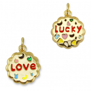 Metallo TQ in ottone ciondolo tonda "love/lucky" oro-multicolore
