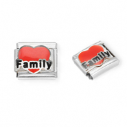 Link-tessera per bracciale italiano con ciondoli in acciaio inossidabile cuore "Family" argento-rosso-nero