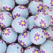 Perline di silicone 18mm tonda con fiori dipinti a mano blu chiaro-viola-giallo