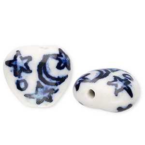 Perline di ceramica cuore con luna e stelle biancastro-blu Delft