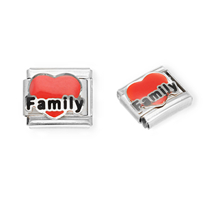 Link-tessera per bracciale italiano con ciondoli in acciaio inossidabile cuore "Family" argento-rosso-nero