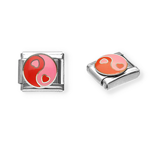 Link-tessera per bracciale italiano con ciondoli in acciaio inossidabile cuore Yin & Yang argento-rosa-rosso