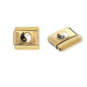Link-tessera per bracciale italiano con ciondoli in acciaio inossidabile Yin & Yang oro-nero-bianco