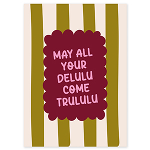 BY31&reg; Espositori bigiotteria in cartoncino "May all your delulu come trululu" verde oliva-biancastro-rosso bordeaux-rosa