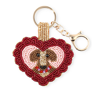 Portachiavi cuore con cane oro-rosso rivestimento argentato-rosa chiaro-marrone