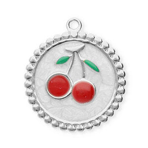 Ciondoli in acciaio inossidabile rotondi con ciliegie argento-bianco madreperla-rosso-verde