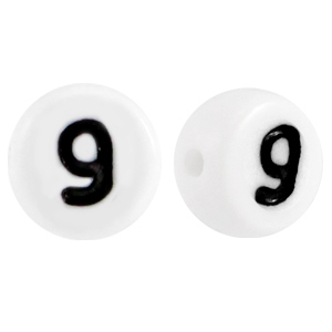 Perline alfabeto in acrilico con disegno numero 9 bianco